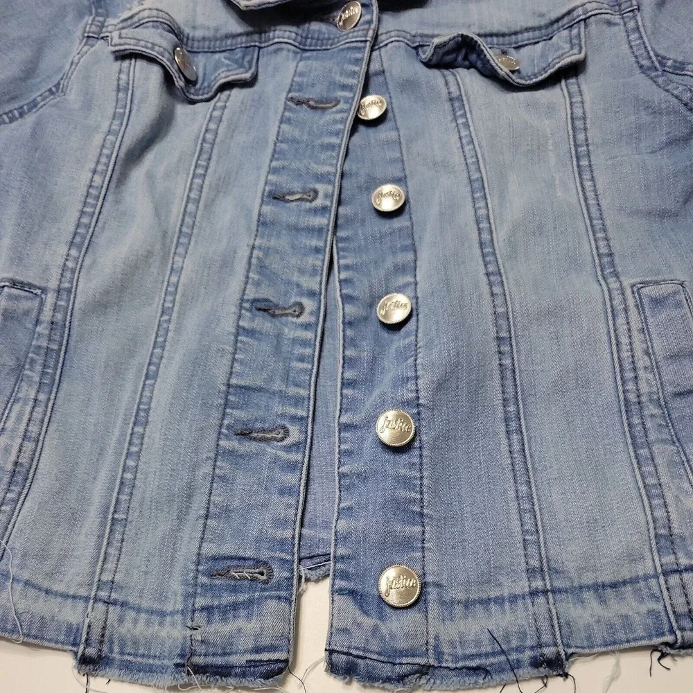 Justice Jean Jacket Girls 12 14 Blue Buttons Flap Pockets Collared Stretch Denim